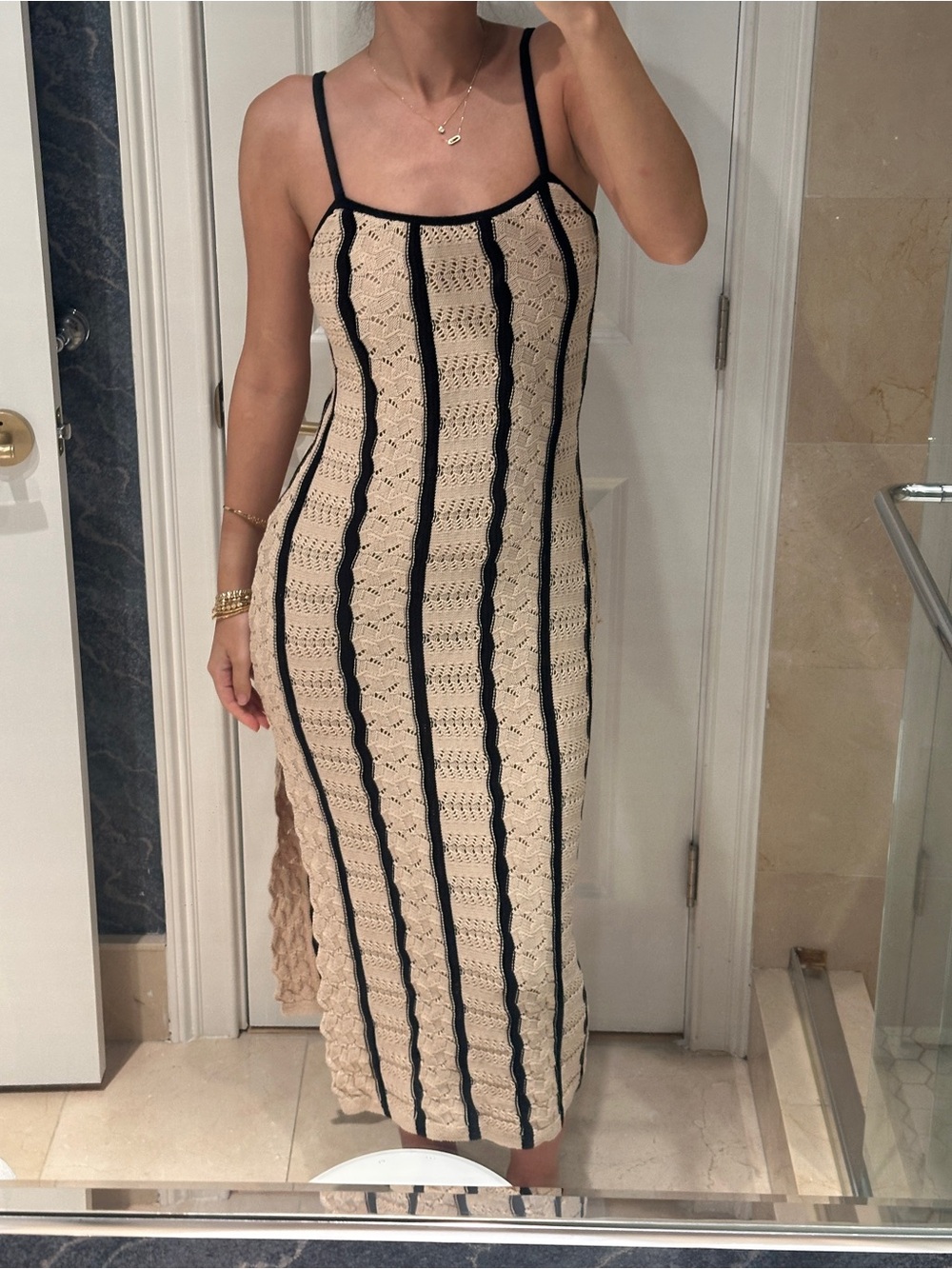 Vici Beige and Black Striped Crochet Maxi Dress
